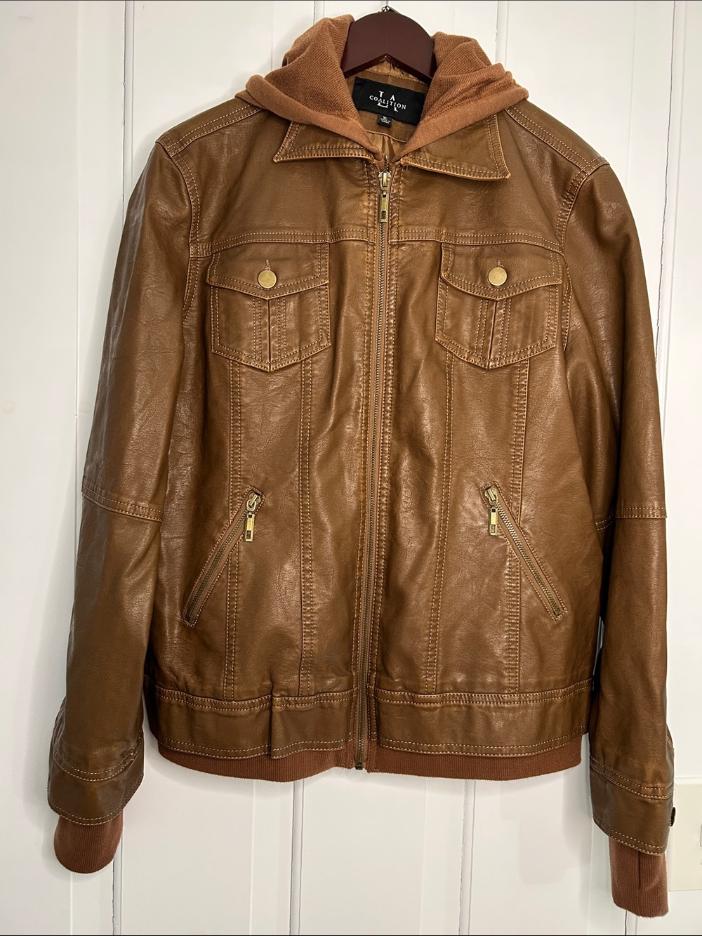 Camel vegan Leather Bomber moto biker Jacket with removable Hood and thumb holes